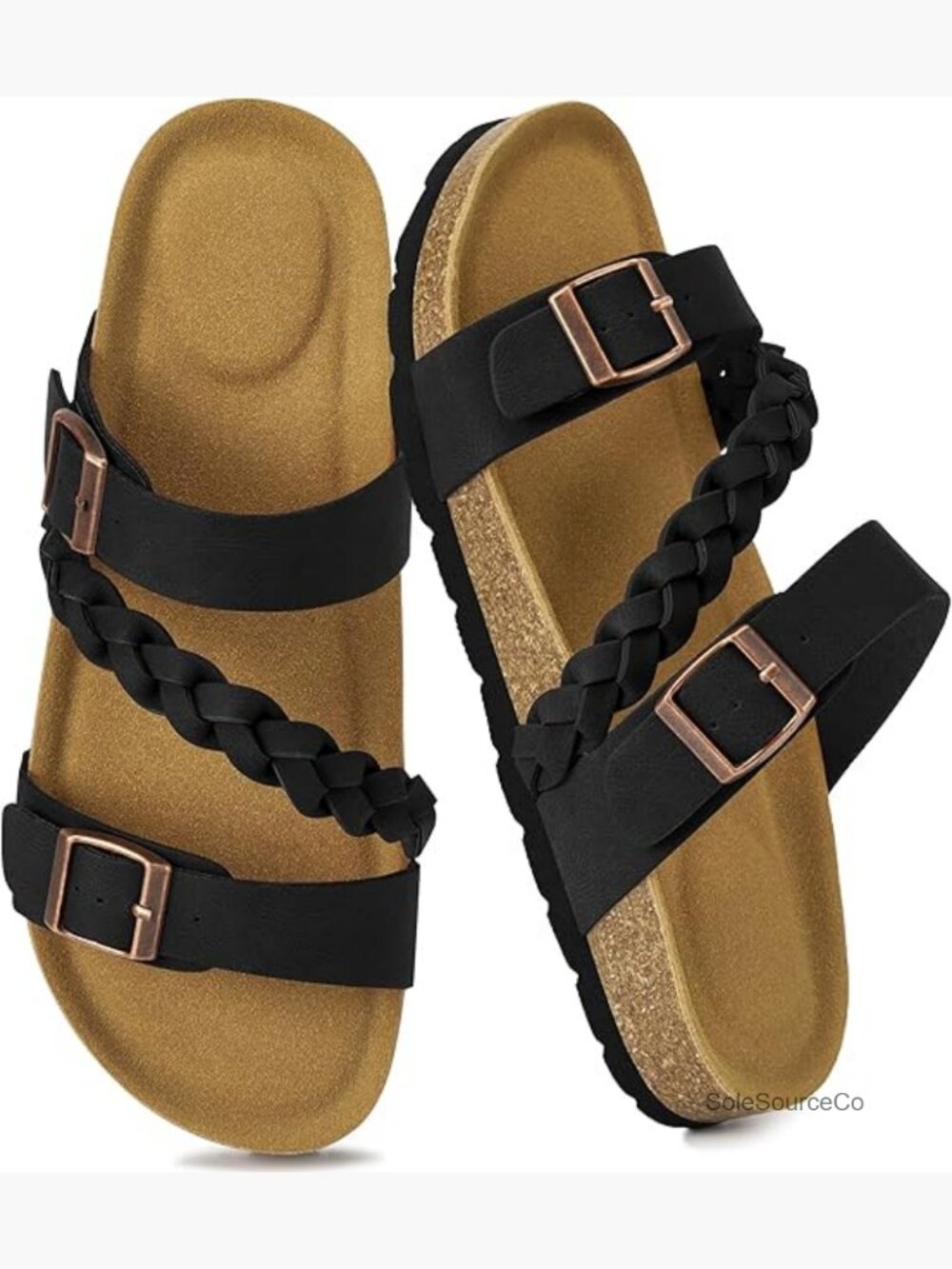 Flat Slide Sandals with Adjustable Buckle and Cork Footbed for Women